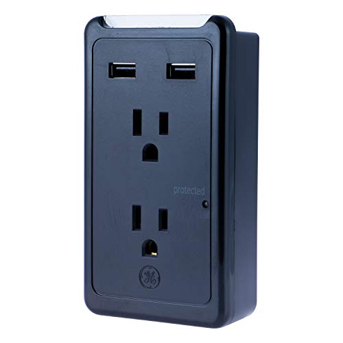 New Arrivals GE 2 USB 2 Outlet Surge Protector Charging Station, Power Strip Outlet Adapter, Wall Tap with Phone Holder Shelf, Charge Indicator LED, 2.1A / 10W Dual USB Ports, 450 Joule Surge Protector, UL Listed, Black, 13460