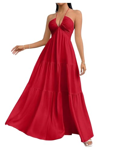 Image of SHENHE Women's Deep V Neck Tie Knot Backless Halter Dress A Line Flowy Ruffle Maxi Dress