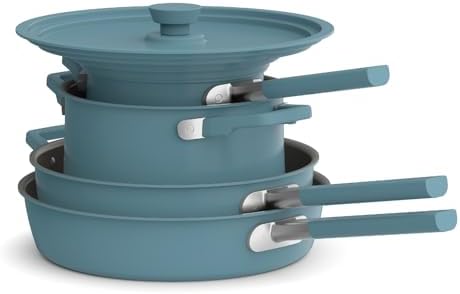bella 9 Piece StoreMore Cookware Set, Fits-anywhere™ Kitchenware w EverGood™ Ceramic Nonstick Coating, Dishwasher & Oven Safe, All Stovetops Compatible, Stackable Design, Cool Touch Handles, Surf