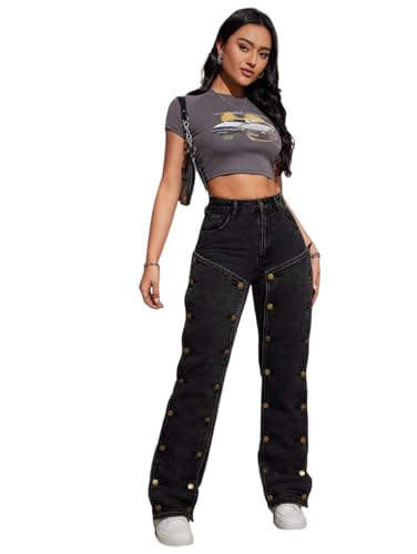 Women's High-Waisted Button Patch Jeans, Y2K Women's Jeans, Women's Casual Work Pants，Black