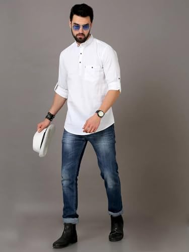Image of DEEMOON Men's Cotton Blend Full Sleeve Short Kurta with Mandarin Collar Crafted from a Premium Cotton Blend