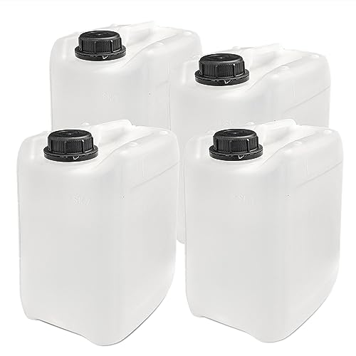 plasteo® 4 bidones de agua y bebidas DIN 45 de 5 litros, aptos para alimentos, sin BPA, para uso alimentario, comercio, camping, caravana, calidad robusta