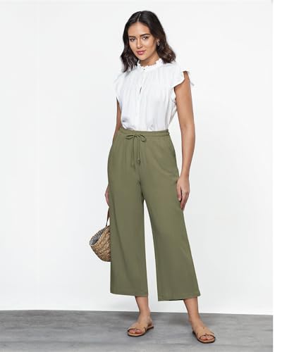 GRAPENT Linen Pants for Women High Waisted Wide Leg Capri Elastic Waist Casual Beach Flowy Cropped Summer Capris Pants4
