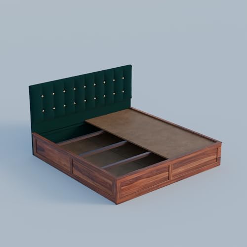Image of Sheesham Wood Queen Size Bed with Storage Box | Upholstered Beds | Platform Cot with Cushioned Headboard | Double Bed for Home | Recommended Mattress 78x60 Inch | Bottle Green & Honey Finish