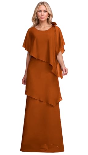 Chiffon Ruffles Mother of The Bride Dresses for Wedding Scoop Neck High Waist Long Formal Evening Dress with Flower