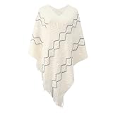 Vogrtcc Poncho A Rayas Asimétrico para Mujer Suéteres con Cuentas Y Borlas Jersey De Gran Tamaño con Retales Abrigo Tipo Chal