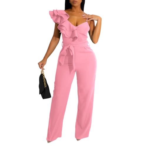 kaimimei Womens Casual Jumpsuits V-Neck Sleeveless Ruffle Backless Belted Wide Leg Pant Sexy Romper...
