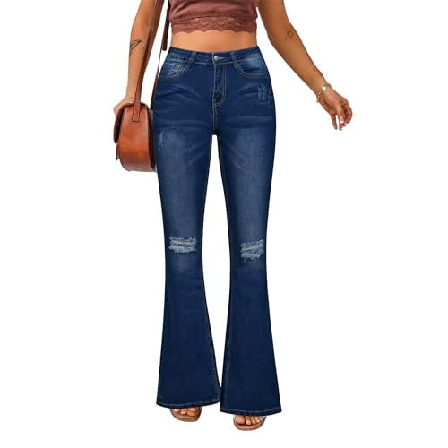 luvamia Women's Ripped Flare Bell Bottom Jeans Pants Retro Wide Leg Denim Pants Large A1 Deep Indigo