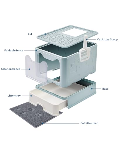 Image of Medario Cat Litter Box with Litter Mat and Scoop, Large Covered Litter Box with Lid, Enclosed Kitty Box, Front Entry Top Exit, Odor Control, Easy to Clean (Blue)
