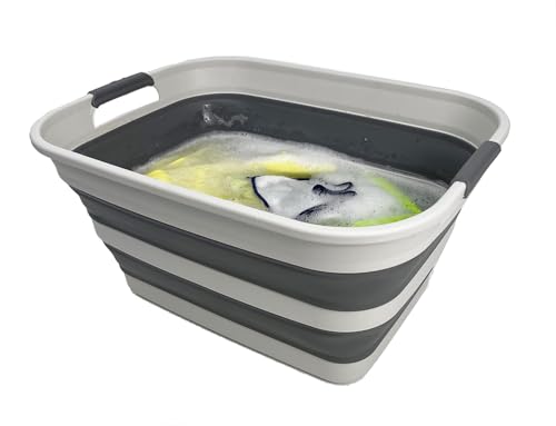Image of SMMART Collapsible Plastic Laundry Basket with Handle /Foldable Pop Up Storage Hamper /Portable Laundry Organizer-Space Saving Washing Tub /Household Storage Supplies (Grey /Steel Grey, 27L)
