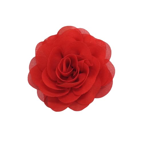Dainty Chiffon Fabric Flower Small Brooch for Women Elegant 3D Rose Floral Hair Clip Lapel Pins for Dresses Suit Holiday Party Dance Banquet Clothing Accessory Jewelry 85mm (Red)