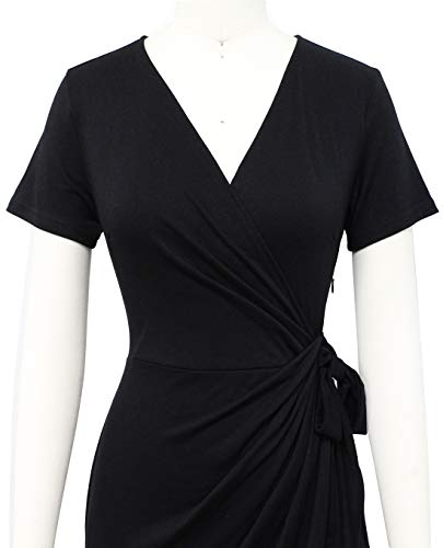Lyrur Women's Classic V-Neck Casual Party Knee Length Sheath Work Short Sleeve Faux Black Wrap Dress4