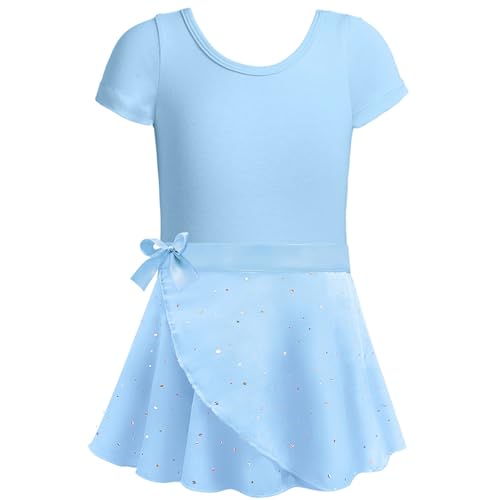 2026 Maillot de ballet para niña con falda desmontable, corbata combinada, mangas con volantes, vestido de ballet de 2 a 12 años para mujer de punto, azul claro, 2-3 años
