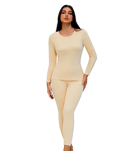SHARICCA Ensemble de sous-Vêtements Thermique Femme à Encolure Dégagée Vetement Thermique Femme Automne Hiver (1P02-Beige, M) Cover