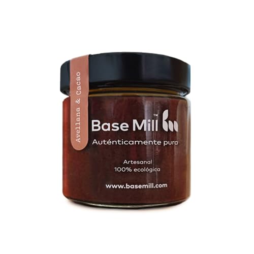 Base Mill Crema de Avellanas 84% y Cacao Ecológica (200g) – 100% Vegana, Sin Azúcares Añadidos, Sin Gluten, Alta en Fibra, Elaborada Artisanalmente con Avellanas Ecológicas, Pasta de Dátil y Cacao