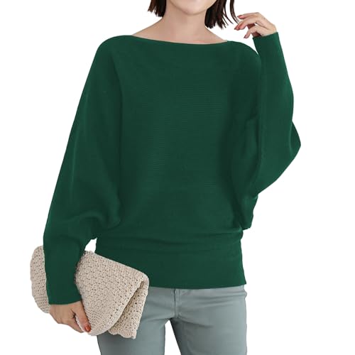 Women's Batwing Long Sleeve Pullover Sweater - Oversize Boat Neck Knitted Ribbed Pullovers with Dolman Sleeve