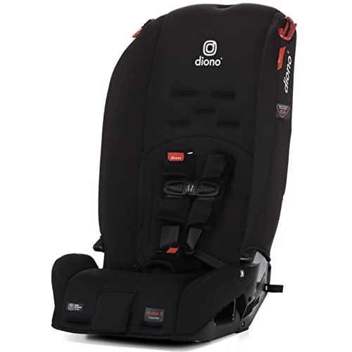 Diono Radian 3R 3-in-1 Convertible Car Seat in Jet Black, slim 11-inch profile visible, steel-reinforced shell construction, ComfortPlus memory foam insert, foldable design shown collapsed for storage