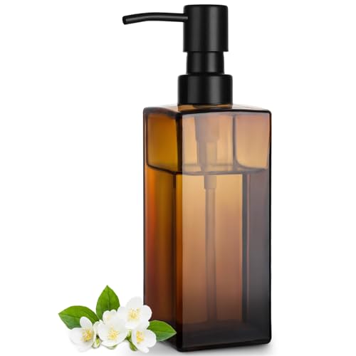 GMISUN Amber Glass Soap Dispenser Hand Soap Dispenser with Stainless Steel Pump for Bathroom 12 fl oz/350ml Refillable Dish Dispensers for Kitchen Modern Liquid Lotion Bottles for Countertop