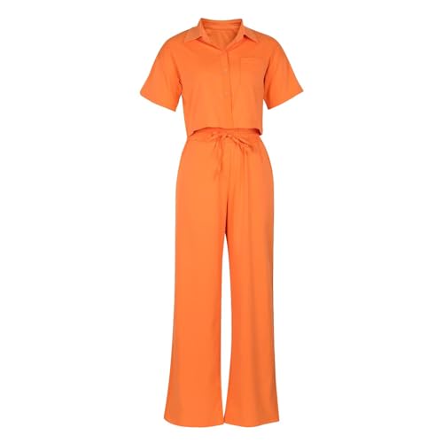 ThusFar Women Linen 2 Piece Outfits Short Sleeve Button Down Crop Top Drawstring Long Pants Suit Summer Work Lounge Set4