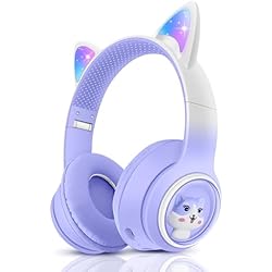 JYPS Auriculares Inalámbricos para Niños, Auriculares Orejas de Gato con Luces LED para Niña/Niños de 3 años, Cascos Gato Bluetooth Diadema para Niño Plegables con Micrófono para Kindle (Morado)