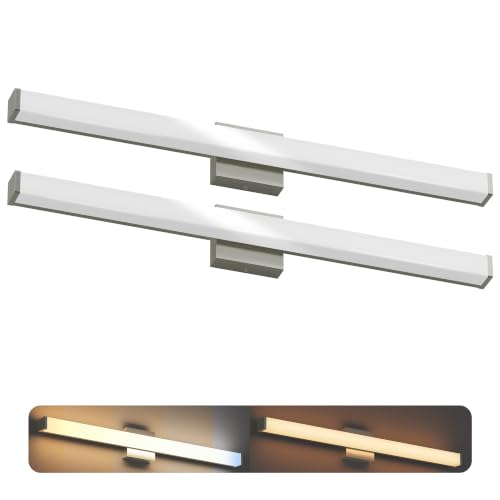 Image of 36 Inch Bathroom Vanity Light Fixtures with Night Light: Long Square Wall Mounted LED Lighting Bar Over Mirror with 5CCT & 2200K Color Changing, 120V, 2030-2260lm, ETL, Brushed Nickel, 2 Pack