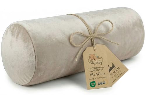 Cojin rollo para cervical lumbar y para las rodillas por dormir 40x15 cm - cojines alargados cilindrico para recostarse o cojín alargado de yoga Almohada de espuma con funda Beige Terciopelo