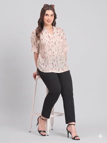 Image of SINDOORI Relaxed Fit Tops for Women Plus Size Solid Printed Mandarin Collar, Band Collar, V-Neck Top, Half Sleeve Loose Fit
