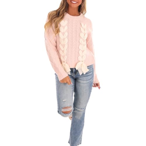 Image of Women Ribbon Sweater Cute Bow Tie Long Sleeve Knit Pullover Winter Casual Crew Neck Cable Knitted Top Streetwear