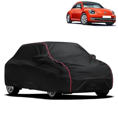 Image of Waterproof Car Cover for Volkswagen Beetle | All-Weather Protection, Dustproof & UV Resistant | Triple Stitched Mirror Pockets, Windproof Buckle Strap with Elastic Hem, Black-Red Piping