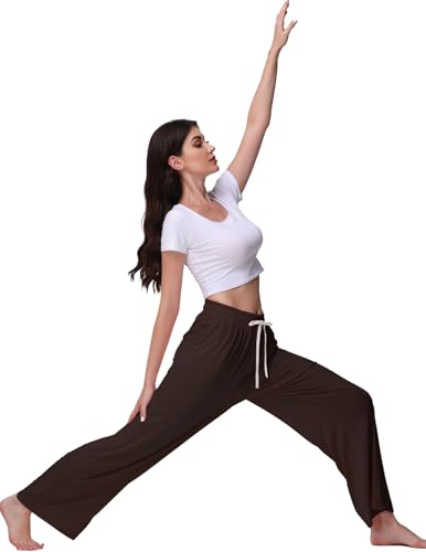 Image of Veseacky Women's Wide Leg Lounge Pants Yoga Pajamas Comfy Stretch Drawstring Pajamas Puls Size Dance Bottoms S-4XL