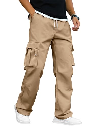 PLEPAN Men's Casual Cargo Pants with Drawstring Hems Elastic Waist Workout Pants Hiking Tactical Sweatpants Streetwear with Pockets Khaki Large