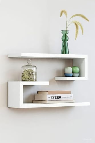 Image of Multifunctional 2 Wall Shelves and Storage Rack | Engineered Wood Painted Book Shelf Multipurpose Home Decor Storage Shelf Display Organizer for Living Room & Bedroom (White)