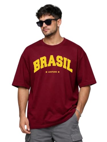 Image of LEOTUDE Men's Oversized Baggy Fit Drop Shoulder Half Sleeves Round Neck Printed Cottonblend T-Shirt for Men (Color: Maroon)