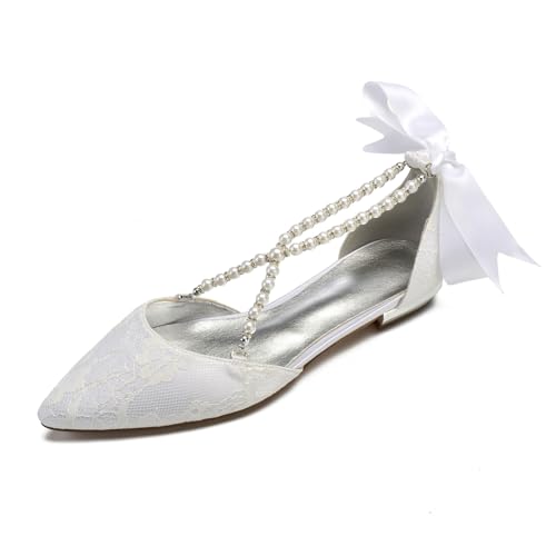 Women's Closed Toe Lace Pearl Wedding Shoes for Bride Ballet Formal Evening Prom Party Pointed Toe Wedding Flats for Bride Pearl Satin Strappy Wedding Shoes