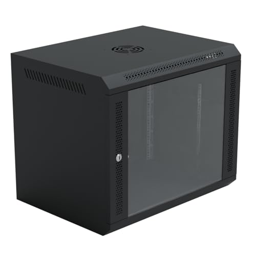 HAGO 24 armario de red | rack de 19 pulgadas | negro | armario para servidores | carcasa de pared | 9U | 600 x 450 mm | acero | estante | frontal de cristal | con cerradura | puerta izquierda/derecha