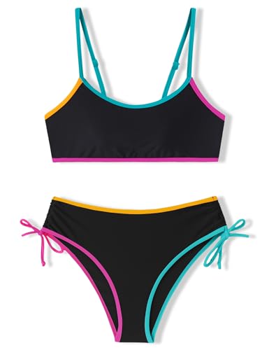 Image of Girls Swimsuits Bikini Set 2 Pieces Color Block Bikini with Adjustable Shoulder Strap Girls Bathing Suit 7-16Y