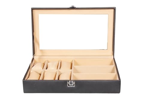 Image of Sukeshcraft 6 Slot Watch Organizer Case with Lock - Premium Black PU Leather Watch Box for Men - Sunglass Storage Compartment (Black Pu -Cream Velvet)