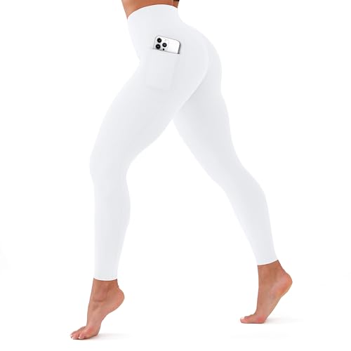 High Waisted Leggings for Women Soft Tummy Control Non See Through Stretch Workout Yoga Pants for Running Plus Size (White 2XL 2 Pockets)