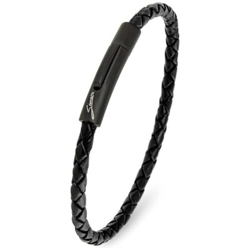 Simaru Lederarmband 4mm geflochten für Frauen & Männer Echtleder-Armband mit Edelstahl Hakenverschluss Premium-Qualität Made in Germany ((23cm Lenght - XXL) Schwarz)