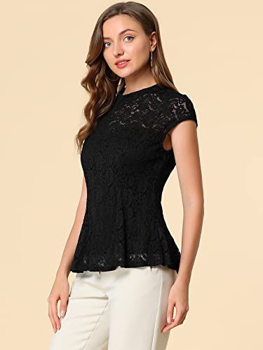Allegra K Women's Crochet Peplum Floral Crochet Mock Neck Tops Cap Sleeve Lace Blouse3