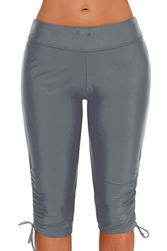 Cokar Women's Long Swim Shorts Plus Size Board Shorts Sports Tights with Side Ties Gray