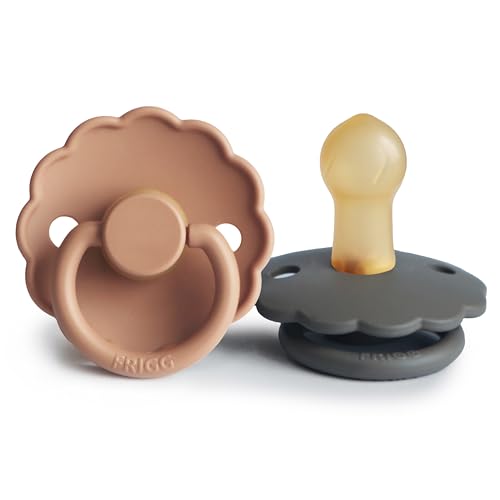 Image of FRIGG Daisy Natural Rubber Baby Pacifier | Made in Denmark | BPA-Free (Graphite /Peach Bronze, 0-6 Months) 2-Pack
