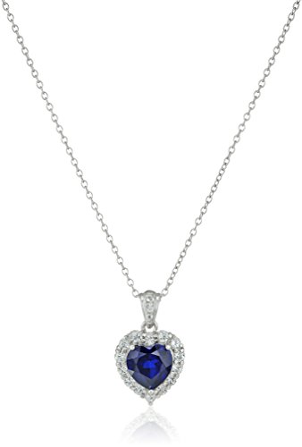 Platinum Plated Sterling Silver Created Blue Sapphire and Genuine White Topaz Halo Heart Pendant Necklace, 18