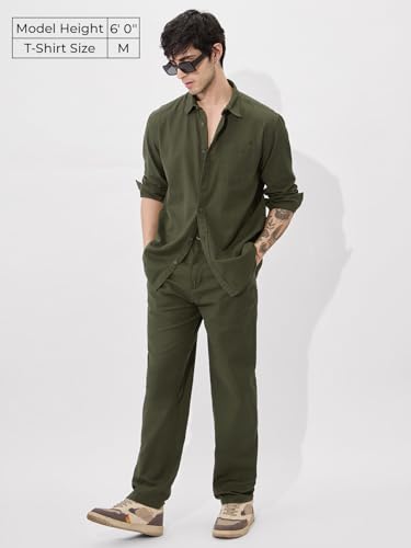 Image of The Souled Store Bold Black Men and Boys Long Sleeve Collared Neck Buttoned Front Regular Fit Cotton Linen Shirts