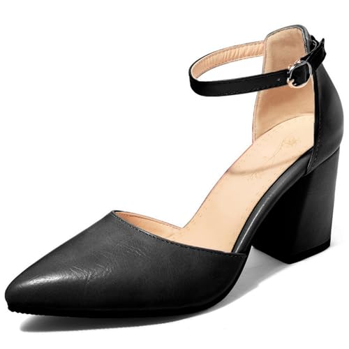 Shinelly Women High Heels Chunky Block Pumps Pointed Closed Toe Ankle Strap Sandals Dress Wedding Shoes