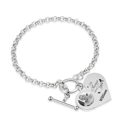 GleefulGem Custom Photo Memorial Bracelet Personalized Heart Charm Keepsake Jewelry with Engraved Picture & Name Stainless Steel I Am Always With You Commemorative Gift for Loved Ones (Style C)