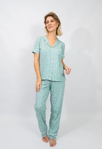 Pijama Algodão Feminino Americano Longo com Botão Botões Blusa Manga Curta com Calça Inverno Adulto