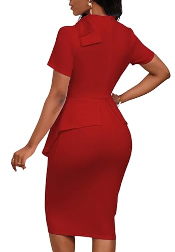 Image of PerZeal Women's Fashion Peplum Bodycon Short Sleeve Work Dresses Bow Club Ruffle Pencil Formal Cocktail Dress