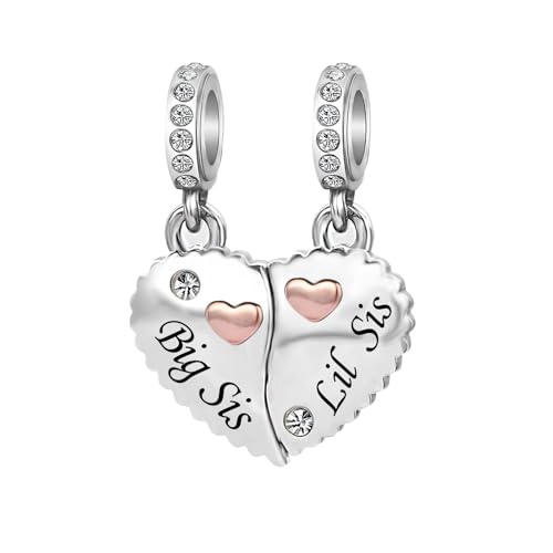 KunBead Big Sister Little Sister Rose Gold Heart Matching Puzzle Dangle Birthday Charms Compatible with Pandora Bracelet for Women