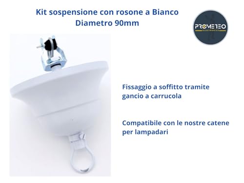 prometeo electronics Aufhängungsset mit klassischer Rosette, Durchmesser 90 mm, mit Haken und Spitze (weiß)